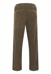 Pantalons en velours côtelé marron avec une coupe droite, dotés de deux poches arrière et d'une surface texturée en tissu côtelé.