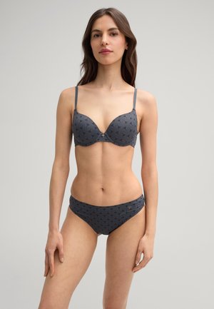 Grijs bh- en bikini-set met een geometrisch patroon, onderdraadondersteuning, verstelbare bandjes en een soepele textuur.