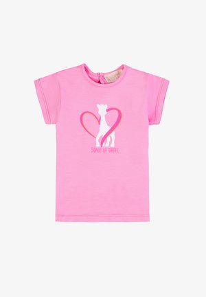 Maglietta rosa a maniche corte per bambini piccoli con sagoma bianca di una giraffa all'interno di un cuore rosa e testo "Sophie La Girafe" sotto.