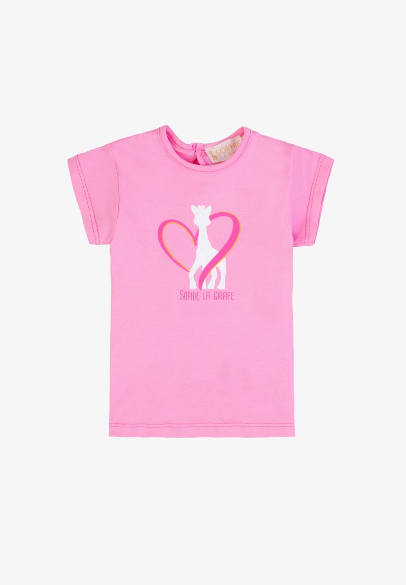 Maglietta rosa a maniche corte per bambini piccoli con sagoma bianca di una giraffa all'interno di un cuore rosa e testo "Sophie La Girafe" sotto.