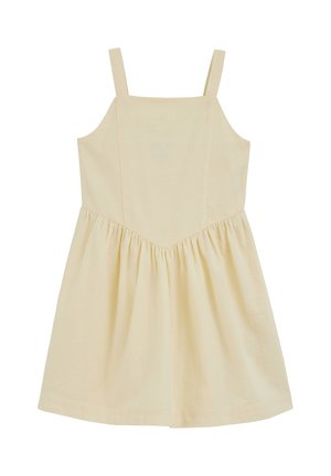 Beżowa sukienka bez rękawów z kwadratowym dekoltem, dopasowanym gorsetem i marszczonym dołem, zaprojektowana w prostym, casualowym stylu.