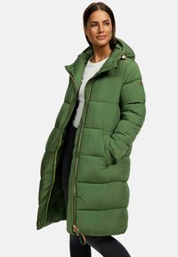 Green puffer coat with a hood, featuring a zip closure, vertical quilted design, and two side pockets. Accented with gold-toned hardware.