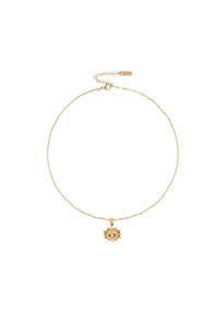 Gold chain necklace featuring a pendant shaped like an eye within a sunburst design, with a fine textured finish and adjustable length.