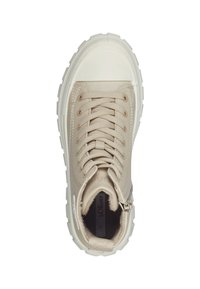 Beige high-top sneaker with canvas upper, round toe, flat laces, side zipper, and thick rubber sole. Interior features soft lining.