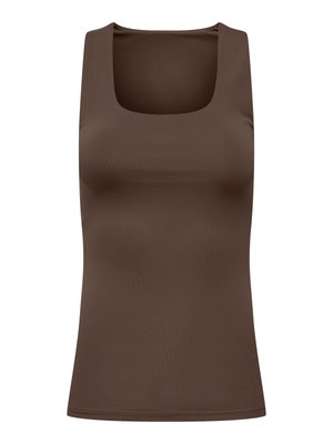 Débardeur marron sans manches avec un col carré, une silhouette ajustée et une texture de tissu lisse.