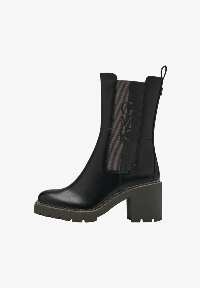 Black leather ankle boot with a block heel, featuring elastic side panels, a textured fabric insert, and a logo detail on the side.