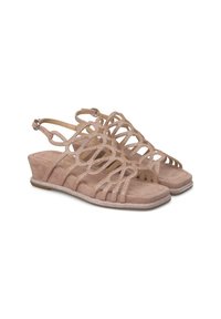 Beige wedge sandalen met een strappy ontwerp met uitsparingen en subtiele glans. Zacht suede textuur en een platte, gevoerde zool.