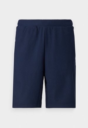 Granatowe szorty sportowe z prążkowaną fakturą, elastycznym paskiem w talii i prostym krojem, zaprojektowane z myślą o komforcie i swobodzie ruchów.