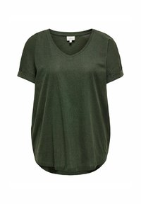Mørkegrøn kortærmet T-shirt med V-hals, der har en ribbet struktur og opkrøllede ærmer, samt en rundet kant bagpå.