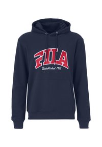 Felpa con cappuccio blu navy in misto cotone, con un grande logo "FILA" rosso e bianco e il testo "Established 1911" sulla parte anteriore.