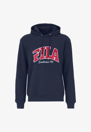 Felpa con cappuccio blu navy in misto cotone, con un grande logo "FILA" rosso e bianco e il testo "Established 1911" sulla parte anteriore.