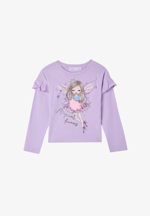 Liliowa koszula z długim rękawem z falbanami, z ilustracją wróżki z skrzydłami, koroną i różowym materiałowym kwiatem na spódnicy.
