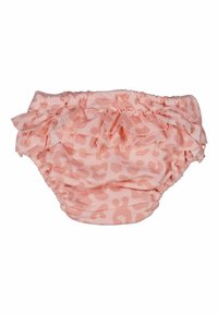 Rosa leopardmönstrad blöjöverdrag med volanger längs midjan, tillverkad av ett texturerat tyg med elastik för en tight passform.