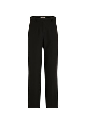 Pantalons noirs, coupe ajustée, jambe droite, devant plat, en tissu de poids moyen, style minimaliste, avec poches latérales et passants de ceinture.