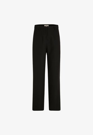 Pantalons noirs, coupe ajustée, jambe droite, devant plat, en tissu de poids moyen, style minimaliste, avec poches latérales et passants de ceinture.