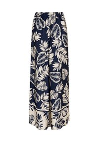 Pantalones de pernera ancha en color navy con un estampado de hojas tropicales blancas, que cuentan con una cinturilla elástica y un detalle de dobladillo en contraste. Tejido ligero.