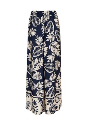 Pantaloni larghi blu navy con stampa di foglie tropicali bianche, dotati di una vita elastica e di un dettaglio a contrasto sull'orlo. Tessuto leggero.