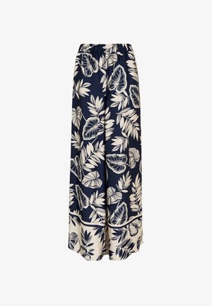 Granatowe spodnie w kant o szerokich nogawkach z białym nadrukiem tropikalnych liści, z elastycznym paskiem w talii i kontrastującym wykończeniem nogawek. Lekkie tkaniny.