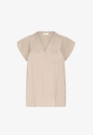 Beež, lühikeste varrukatega pluus, mis on valmistatud kerge materjali, millel on V-kujuline kaelus ja peened voldid esiosas.