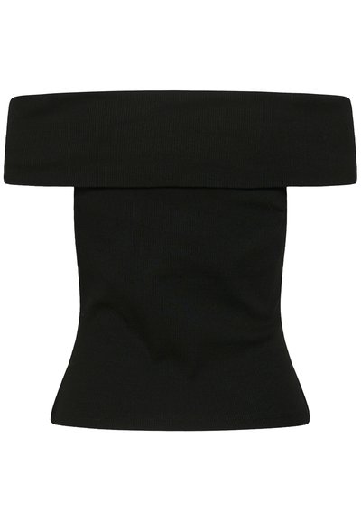 Top tube noir en maille côtelée épaules dénudées avec un large col plié et une taille ajustée.