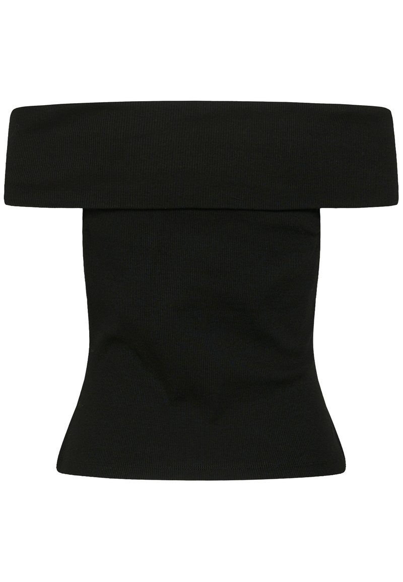 Top tube noir en maille côtelée épaules dénudées avec un large col plié et une taille ajustée.