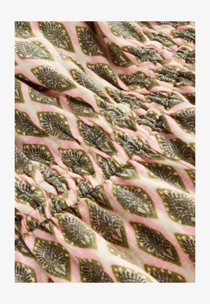 Țesătură cu un fundal roz, împodobită cu motive de frunze verzi și bleumarin închis. Texturată cu detalii pliate. Material moale și ușor.