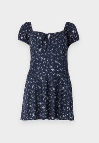 Námořnické modré květinové šaty s nabíranými rukávy, čtvercovým výstřihem a mašlí vpředu. Rozšířená sukně s nařasenými detaily.