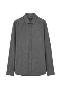 Camicia a maniche lunghe con bottoni in grigio ardesia. Realizzata in tessuto testurizzato con colletto standard e chiusura frontale con bottoni.