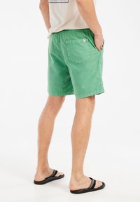 Groene katoenen shorts met een elastische tailleband en een achterzak. Gemaakt in combinatie met zwarte slippers, wat een casual ontwerp en ademende stof benadrukt.