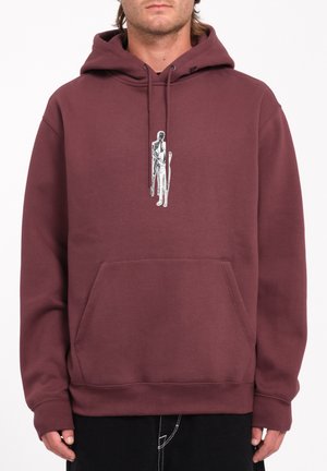 Maroon hoodie made of soft fabric featuring a front kangaroo pocket and a graphic print of a figure in a standing pose.