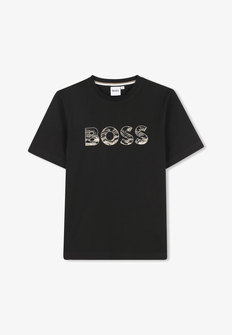 Melna kokvilnas t-kreklu ar īsām piedurknēm, kas piedāvā teksturētu "BOSS" logo kontrastējošā gaišā krāsā uz krūšu daļas.