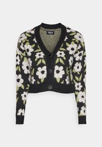 Schwarzer Cardigan mit floralem Design, der weiße Blumen und grüne Blätter zeigt. Er hat einen V-Ausschnitt, eine Knopfleiste und gerippte Bündchen.