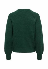 Pull tricoté vert foncé vu de dos avec manches longues et poignets et ourlet côtelés.