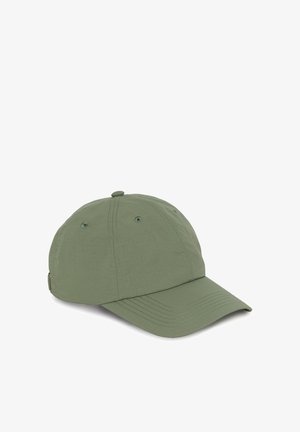 Green baseball cap with a curved visor, made from lightweight fabric. Features stitched seams and ventilation eyelets for breathability.