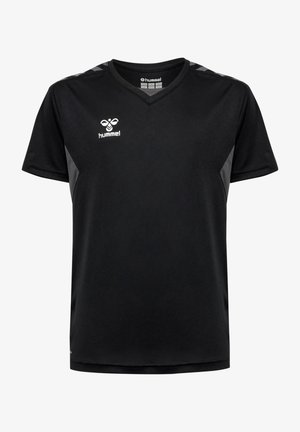 Sort sportsjersey med V-hals og korte ærmer. Har grå detaljer på skuldrene og et logo på brystet. Fremstillet af glat stof.