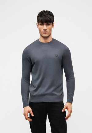 Mladý muž s krátkymi tmavými vlasmi, oblečený v priliehavom tmavosivom svetri s dlhým rukávom a čiernych nohaviciach, stojaci pred jednoduchým pozadím.