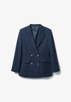 Navy blue double-breasted blazer made of smooth fabric, featuring two front pockets, notched lapels, and silver-tone buttons.