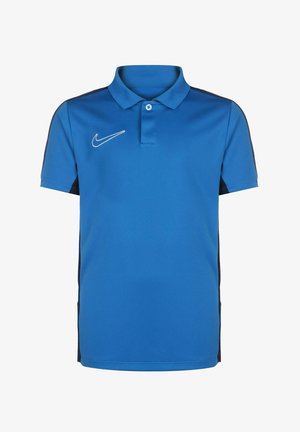 Blaues Polohemd aus glattem Stoff, mit Kragen, kurzen Ärmeln und schwarzen Seitenelementen. Nike-Logo in Weiß eingestickt.