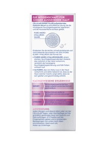 Serum packaging with a sleek, rectangular design. Predominantly white background with purple and dark blue text highlighting ingredients and usage instructions.
