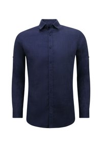 Donkerblauwe blouse met lange mouwen, gemaakt van gestructureerde stof, met een button-down kraag en knopen aan de voorkant; bevat manchetdetails op de mouwen.