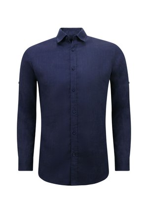 Donkerblauwe blouse met lange mouwen, gemaakt van gestructureerde stof, met een button-down kraag en knopen aan de voorkant; bevat manchetdetails op de mouwen.