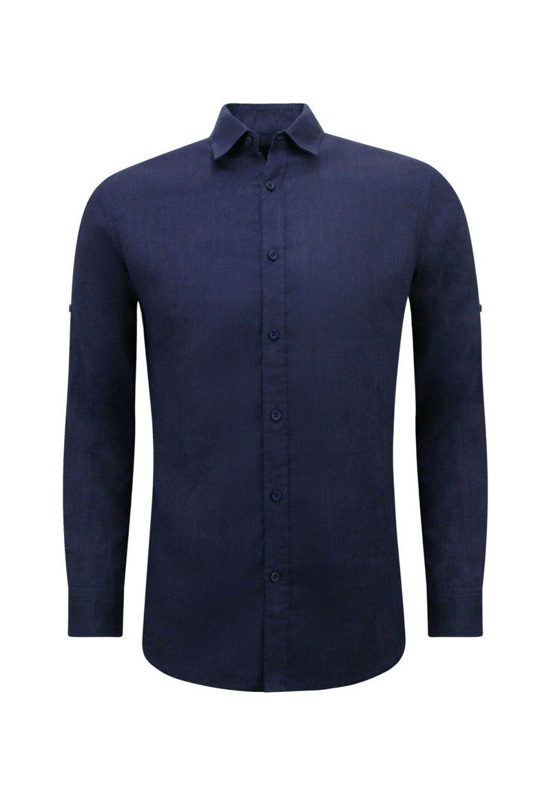 Donkerblauwe blouse met lange mouwen, gemaakt van gestructureerde stof, met een button-down kraag en knopen aan de voorkant; bevat manchetdetails op de mouwen.