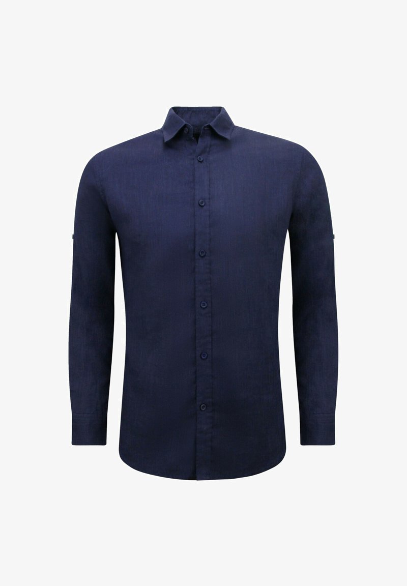 Donkerblauwe blouse met lange mouwen, gemaakt van gestructureerde stof, met een button-down kraag en knopen aan de voorkant; bevat manchetdetails op de mouwen.