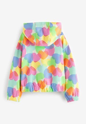 Bunte Kapuzenjacke mit einem Pastellherzmuster in verschiedenen Farbtönen, ausgestattet mit elastischen Bündchen und einem gerafften Saum für eine lockere Passform.