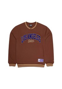 Brauner Sweatshirt mit lila "LOS ANGELES Lakers"-Text, gerippter Halsausschnitt und Saum, mit einem seitlichen Etikett für Logo und Pflegehinweise.