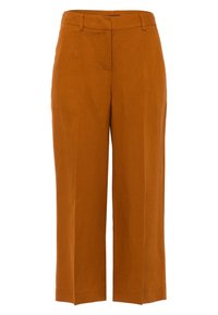 Pantalon à jambes larges en coton orange brûlé, avec une texture lisse, des passants pour ceinture et des poches avant. Design épuré avec une coupe ajustée.