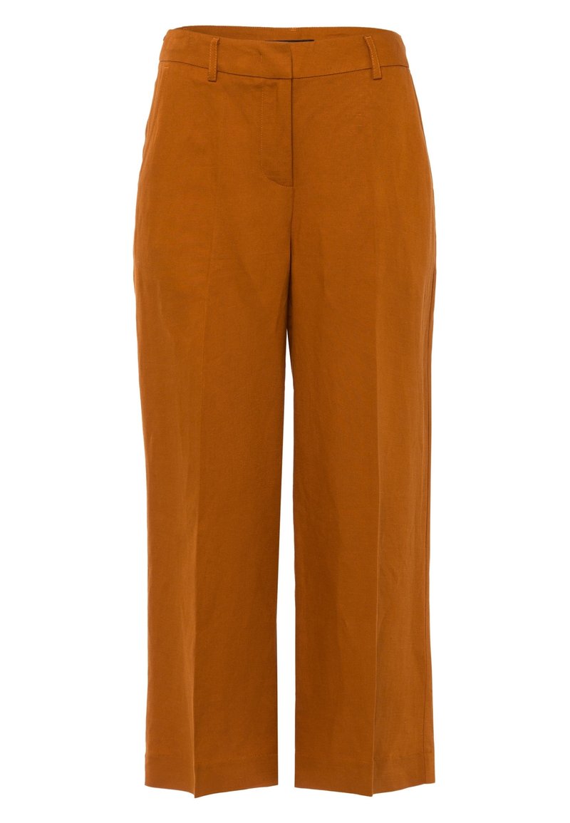 Pantalon à jambes larges en coton orange brûlé, avec une texture lisse, des passants pour ceinture et des poches avant. Design épuré avec une coupe ajustée.