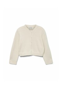 Weiße, verkürzte Strickjacke mit rundem Halsausschnitt, langen Ärmeln und Knopfverschluss. Texturiertes Strickmaterial mit geripptem Bund und Ärmeln.