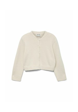 Vit kort cardigan med rund halsringning, långa ärmar och knappstängning. Texturerat stickat tyg med ribbad midja och ärmslutar.