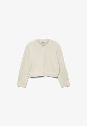 Vit kort cardigan med rund halsringning, långa ärmar och knappstängning. Texturerat stickat tyg med ribbad midja och ärmslutar.